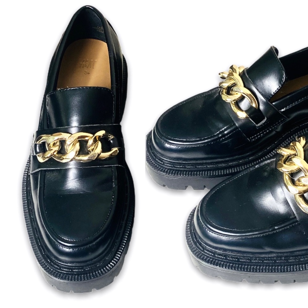 H&M Chunky Black Loafers Gold Chainlink Detail Women's Size 36